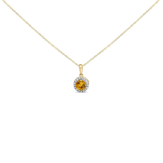 14K Yellow Gold 5x5 MM Citrine and 1/11 Cttw Diamond Halo Pendant