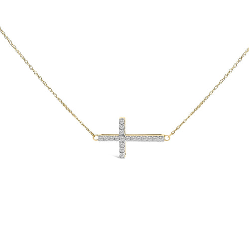 10K Yellow Gold 1/5 Cttw Diamond Sideways Cross Pendant Necklace