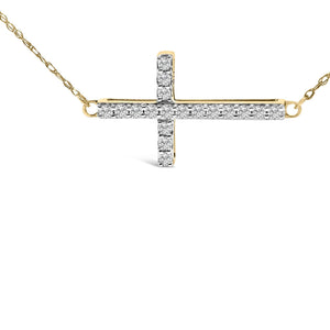10K Yellow Gold 1/5 Cttw Diamond Sideways Cross Pendant Necklace-1
