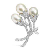 18K White Gold 2 1/5 Cttw Diamond and South Sea Pearl Floral Brooch Pin (G-H Color, VS1-VS2 Clarity)-0