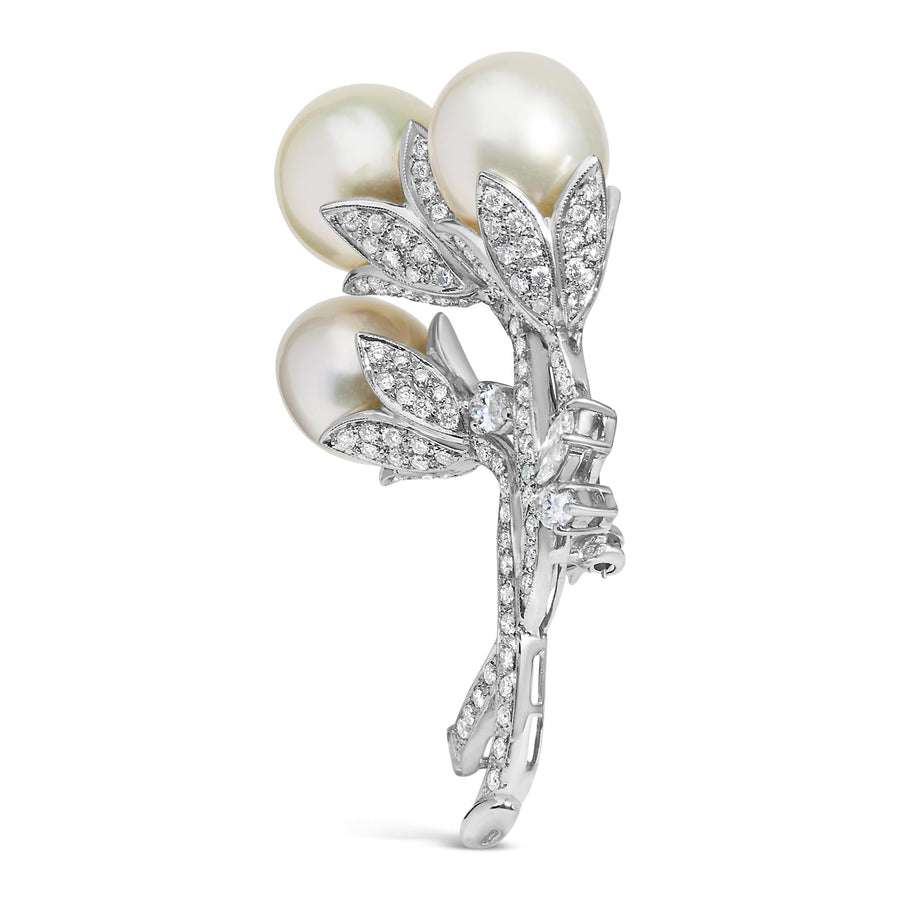 18K White Gold 2 1/5 Cttw Diamond and South Sea Pearl Floral Brooch Pin (G-H Color, VS1-VS2 Clarity)-3