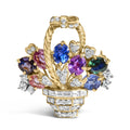 18K yellow gold floral bouquet brooch pendant with diamonds and mixed gemstones
