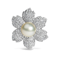 18K White Gold 2 3/4 Cttw Diamond and 12.5 MM Cultured Freshwater Pearl Floral Brooch Pin (G-H Color, VS1-VS2 Clarity)-0