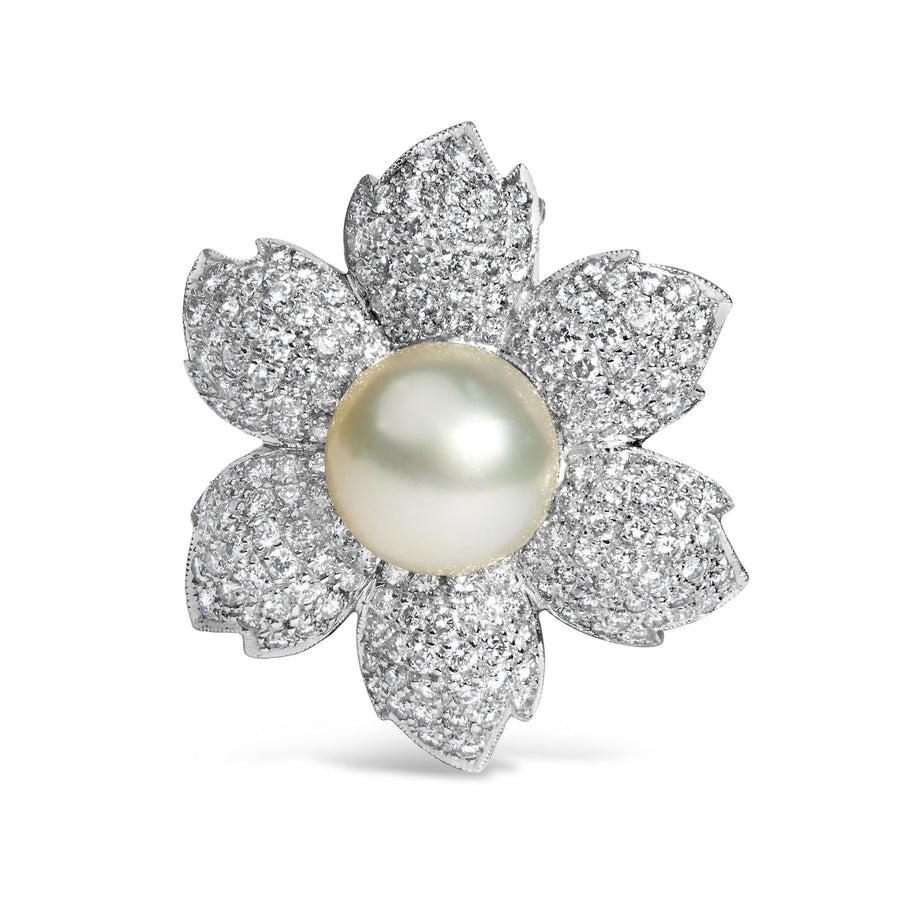 18K White Gold 2 3/4 Cttw Diamond and 12.5 MM Cultured Freshwater Pearl Floral Brooch Pin (G-H Color, VS1-VS2 Clarity)-0