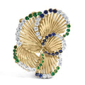 18K yellow gold petal brooch with diamond, sapphire, and emerald stones