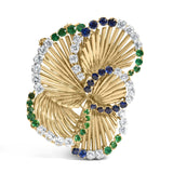 18K Yellow Gold 2 1/3 Cttw Diamond, Sapphire, and Emerald Sculpted Petal Brooch Pin (G-H Color, VS1-VS2 Clarity)-0 thumbnail 1