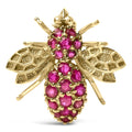 14K yellow gold bee brooch pin with red ruby stones