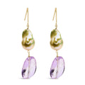 14K yellow gold earrings with pear amethyst and baroque pearl drops