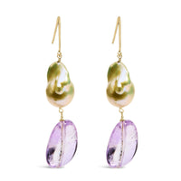 14K Yellow Gold Amethyst and Baroque Pearl Drop and Dangle Earrings 2