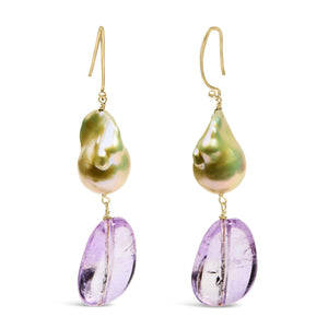 14K Yellow Gold Amethyst and Baroque Pearl Drop and Dangle Earrings 2