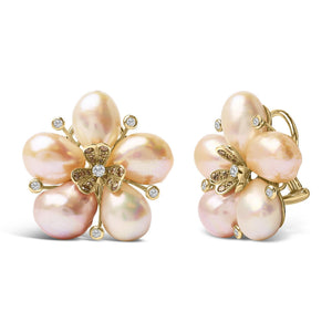 18K Rose Gold 3/8 Cttw Diamond and Freshwater Pearl Blossom Stud Earrings-1