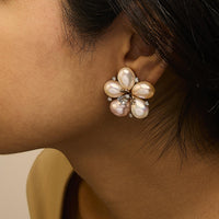 18K Rose Gold 3/8 Cttw Diamond and Freshwater Pearl Blossom Stud Earrings