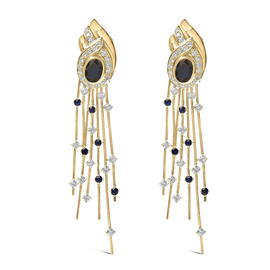 14K Yellow Gold 1.0 Cttw Diamond and Blue Sapphire Chandelier Earrings-0
