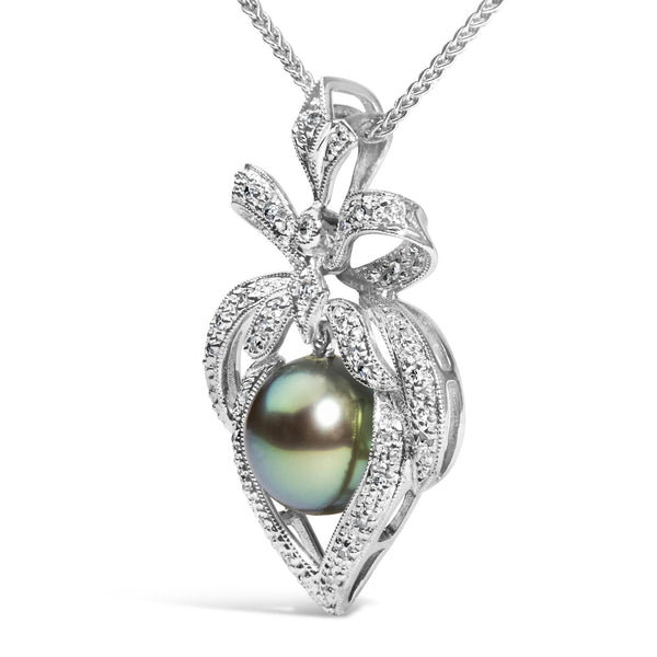 18K 3/4 Cttw Diamond and 12.5 MM Cultured Black Tahitian Pearl Heart Pendant Necklace (G-H Color, SI1-SI2 Clarity) - 18