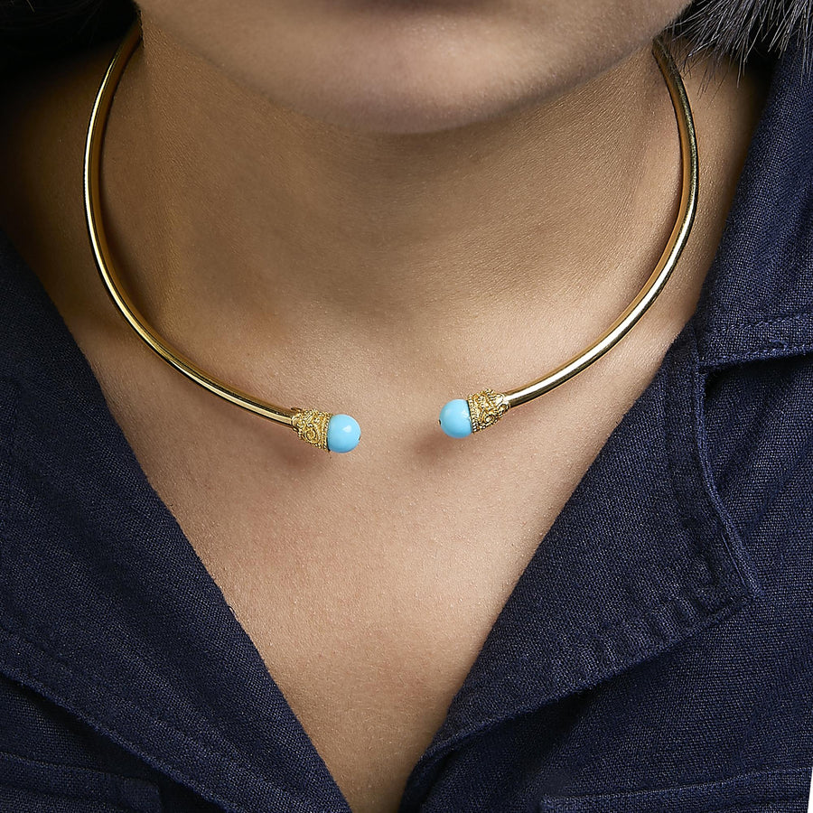 18K Yellow Gold Sculpted Collar Necklace with Turquoise Cabochon Ends