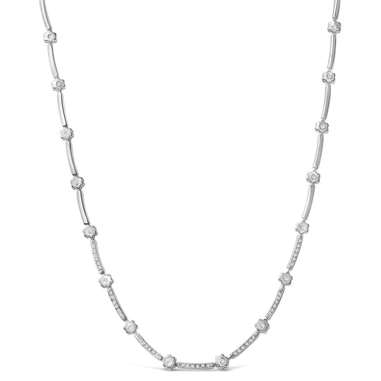 14K White Gold 1.0 Cttw Diamond Flower and Bar Station Necklace-0