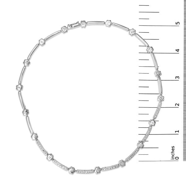 14K White Gold 1.0 Cttw Diamond Flower and Bar Station Necklace