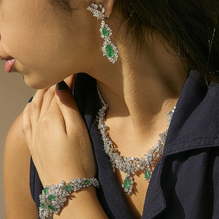 Certified Platinum 38.0 Cttw Diamond and 19 3/4 Cttw Brazilian Green Emerald Necklace, Bracelet & Earrings Three-Piece Set
