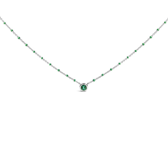 Sterling Silver Lab Created Emerald Bead Chain Necklace-0