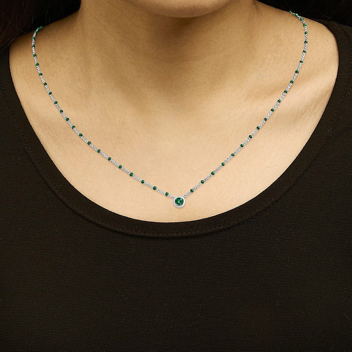 Sterling Silver Lab Created Emerald Bead Chain Necklace