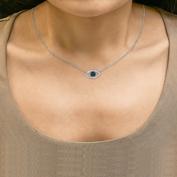 Sterling Silver 1/4 Cttw Blue and White Diamond Evil Eye Necklace