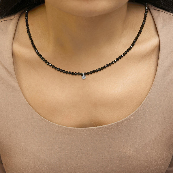 Sterling Silver Diamond Accent Black Spinel Bead Station Necklace