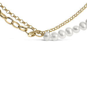 18K Yellow Gold Vermeil Cultured Pearl Strand Necklace with Rolo and Paperclip Chain-1