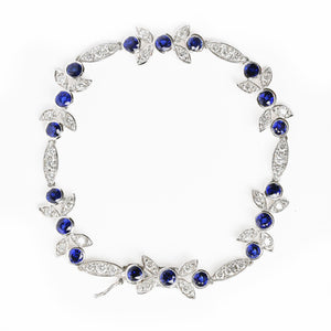 18K White Gold 1 3/4 Cttw Diamond and 3x3mm Round Blue Sapphire Gemstone Floral Link Bracelet (G-H Color, SI1-SI2 Clarity) - Size 7