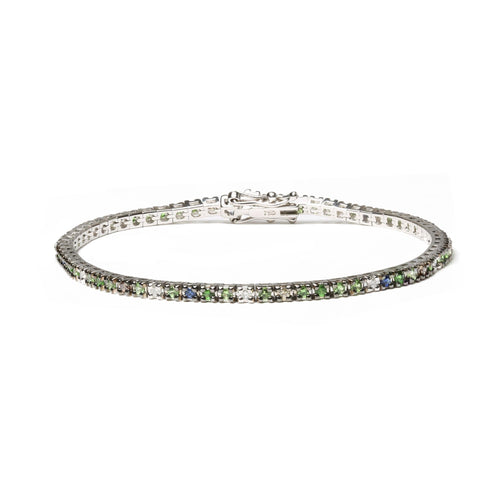 18K White Gold 3/8 Cttw Diamond with Blue Sapphire and Green Tsavorite Gemstone Multi-Colored Tennis Bracelet (Brown and G-H Color, SI1-SI2 Clarity) - Size 7