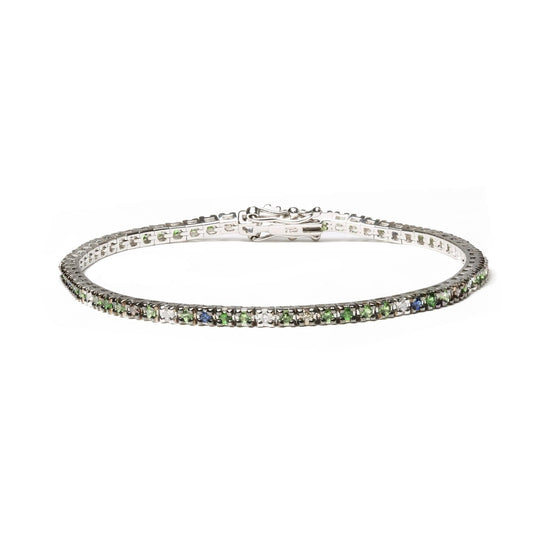 18K White Gold 3/8 Cttw Diamond with Blue Sapphire and Green Tsavorite Gemstone Multi-Colored Tennis Bracelet (Brown and G-H Color, SI1-SI2 Clarity) - Size 7"-0