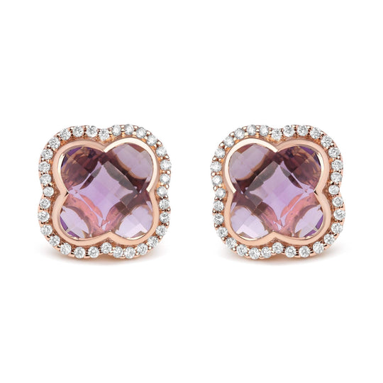 18K Rose Gold 3/8 Cttw Diamond and 11x11mm Clover-Cut Purple Amethyst Gemstone Clover Halo Stud Earrings (G-H Color, SI1-SI2 Clarity)-0