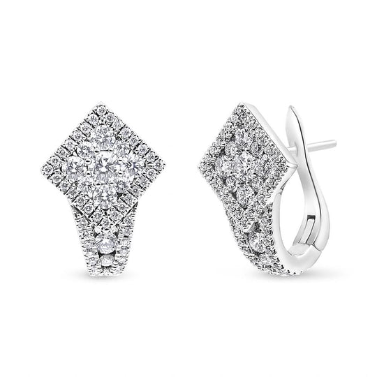 18K White Gold 1 1/10 Cttw Round Diamond Cluster with Halo Hoop Huggie Earring (F-G Color, VS1-VS2 Clarity)-0