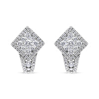 18K White Gold 1 1/10 Cttw Round Diamond Cluster with Halo Hoop Huggie Earring (F-G Color, VS1-VS2 Clarity)