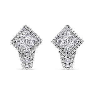 18K White Gold 1 1/10 Cttw Round Diamond Cluster with Halo Hoop Huggie Earring (F-G Color, VS1-VS2 Clarity)-1