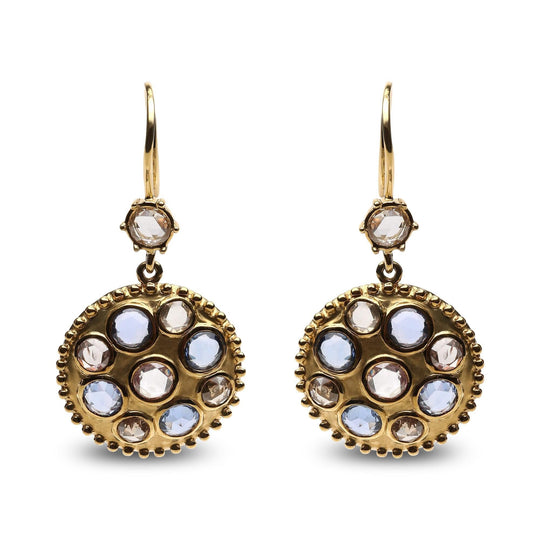18K yellow gold dangle earrings with bezel-set diamond and blue sapphire clusters