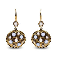 18K Yellow Gold 1 2/3 Cttw Diamond and Blue Sapphire Bezel Set Gemstone Cluster Medallion Dangle Earrings (Brown and G-H Color, SI1-SI2 Clarity)-0
