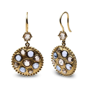 18K Yellow Gold 1 2/3 Cttw Diamond and Blue Sapphire Bezel Set Gemstone Cluster Medallion Dangle Earrings (Brown and G-H Color, SI1-SI2 Clarity)-1