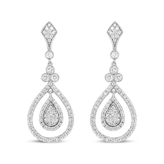 18K White Gold 1 1/4 Cttw Round Diamond Openwork Teardrop-Shaped Dangle Earrings (F-G Color, VS1-VS2 Clarity)-0
