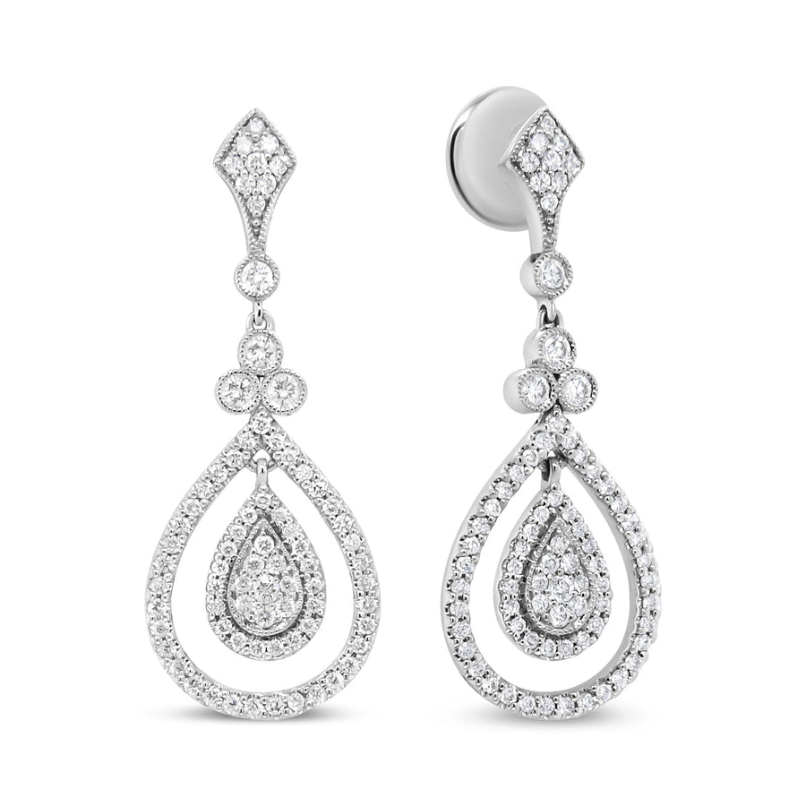 18K White Gold 1 1/4 Cttw Round Diamond Openwork Teardrop-Shaped Dangle Earrings (F-G Color, VS1-VS2 Clarity)