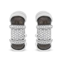 18K White Gold Flash Plated .925 Sterling Silver Clear Graphite Grey Enamel 5/8 Cttw Round Diamonds Huggie Hoop Earrings (F-G Color, VS1-VS2 Clarity)