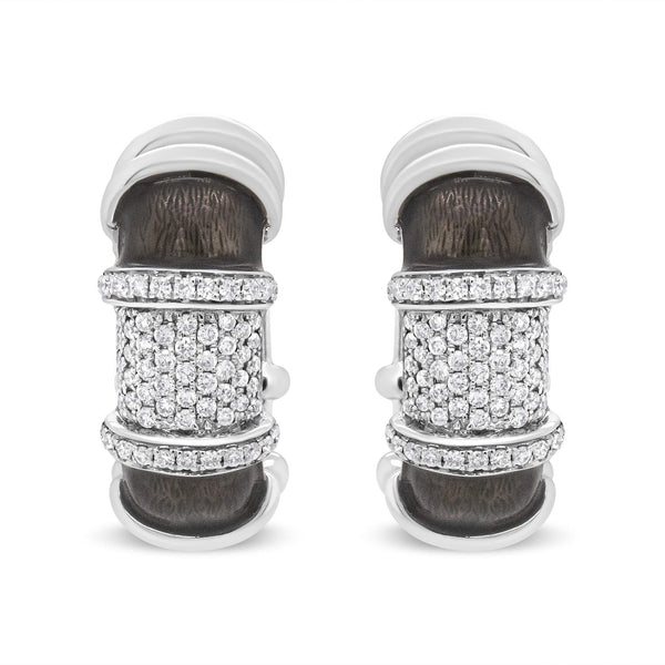18K White Gold Flash Plated .925 Sterling Silver Clear Graphite Grey Enamel 5/8 Cttw Round Diamonds Huggie Hoop Earrings (F-G Color, VS1-VS2 Clarity)