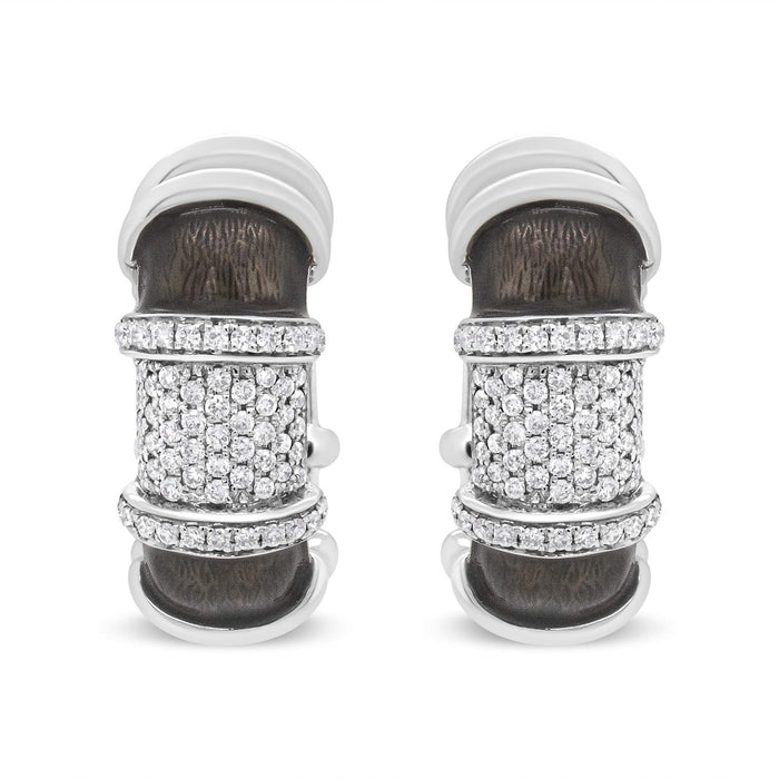 18K White Gold Flash Plated .925 Sterling Silver Clear Graphite Grey Enamel 5/8 Cttw Round Diamonds Huggie Hoop Earrings (F-G Color, VS1-VS2 Clarity)