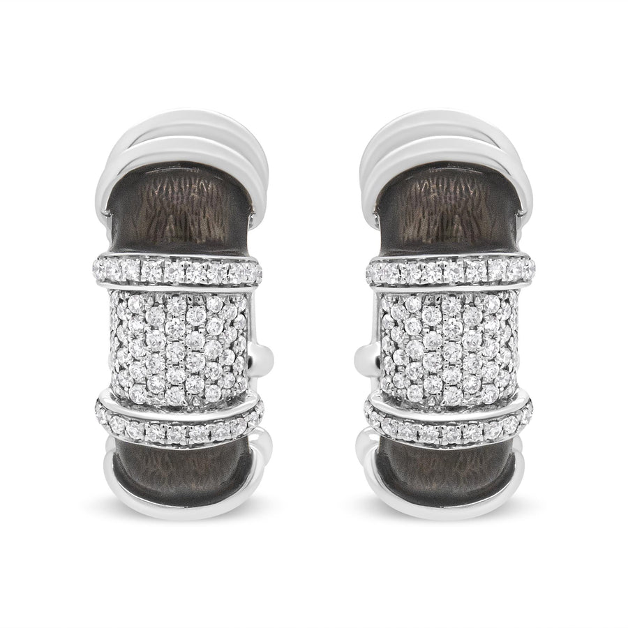 18K White Gold Flash Plated .925 Sterling Silver Clear Graphite Grey Enamel 5/8 Cttw Round Diamonds Huggie Hoop Earrings (F-G Color, VS1-VS2 Clarity)