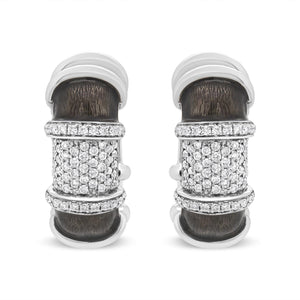 18K White Gold Flash Plated .925 Sterling Silver Clear Graphite Grey Enamel 5/8 Cttw Round Diamonds Huggie Hoop Earrings (F-G Color, VS1-VS2 Clarity)-1