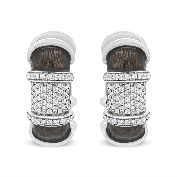 18K White Gold Flash Plated .925 Sterling Silver Clear Graphite Grey Enamel 5/8 Cttw Round Diamonds Huggie Hoop Earrings (F-G Color, VS1-VS2 Clarity)