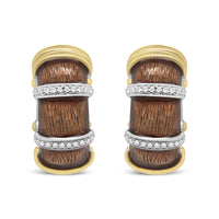 18K Yellow and White Gold Flash Plated .925 Sterling Silver Clear Brown Enamel 9/10 Cttw Round Diamonds Huggie Hoop Earrings (F-G Color, VS1-VS2 Clarity)