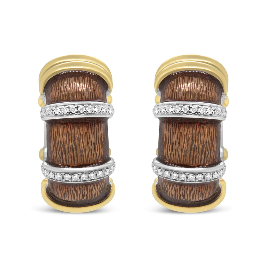 18K Yellow and White Gold Flash Plated .925 Sterling Silver Clear Brown Enamel 9/10 Cttw Round Diamonds Huggie Hoop Earrings (F-G Color, VS1-VS2 Clarity)