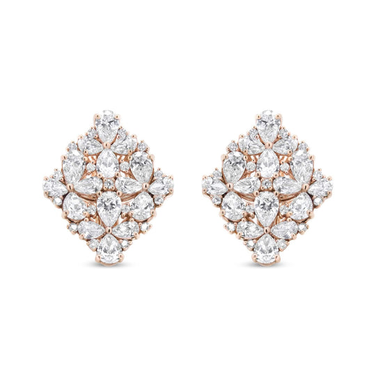 18K Rose Gold 8 1/3 Cttw Pear and Round Diamond Floral Cluster Omega Earrings (F-G Color, VS1-VS2 Clarity)-0