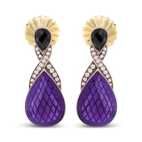 18K Rose Gold Flash Plated .925 Sterling Silver Purple Enamel 1/5 Cttw Round Pave-Set Diamond and 5.5 x 4mm Pear-Shaped Black Onyx Drop Earrings (F-G Color, VS1-VS2 Clarity)