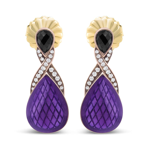 18K Rose Gold Flash Plated .925 Sterling Silver Purple Enamel 1/5 Cttw Round Pave-Set Diamond and 5.5 x 4mm Pear-Shaped Black Onyx Drop Earrings (F-G Color, VS1-VS2 Clarity)